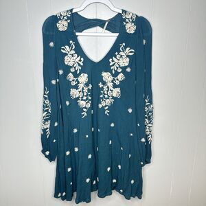 Free People Teal Green Oxford Embroidered Swing Shift Dress Size XS